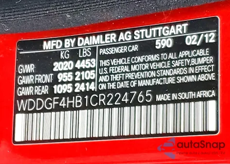 2012 Mercedes-Benz C 250 from USA, damaged, VIN WDDGF4HB1CR224765